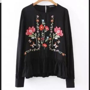 Zara black floral embroidered blouse Medium